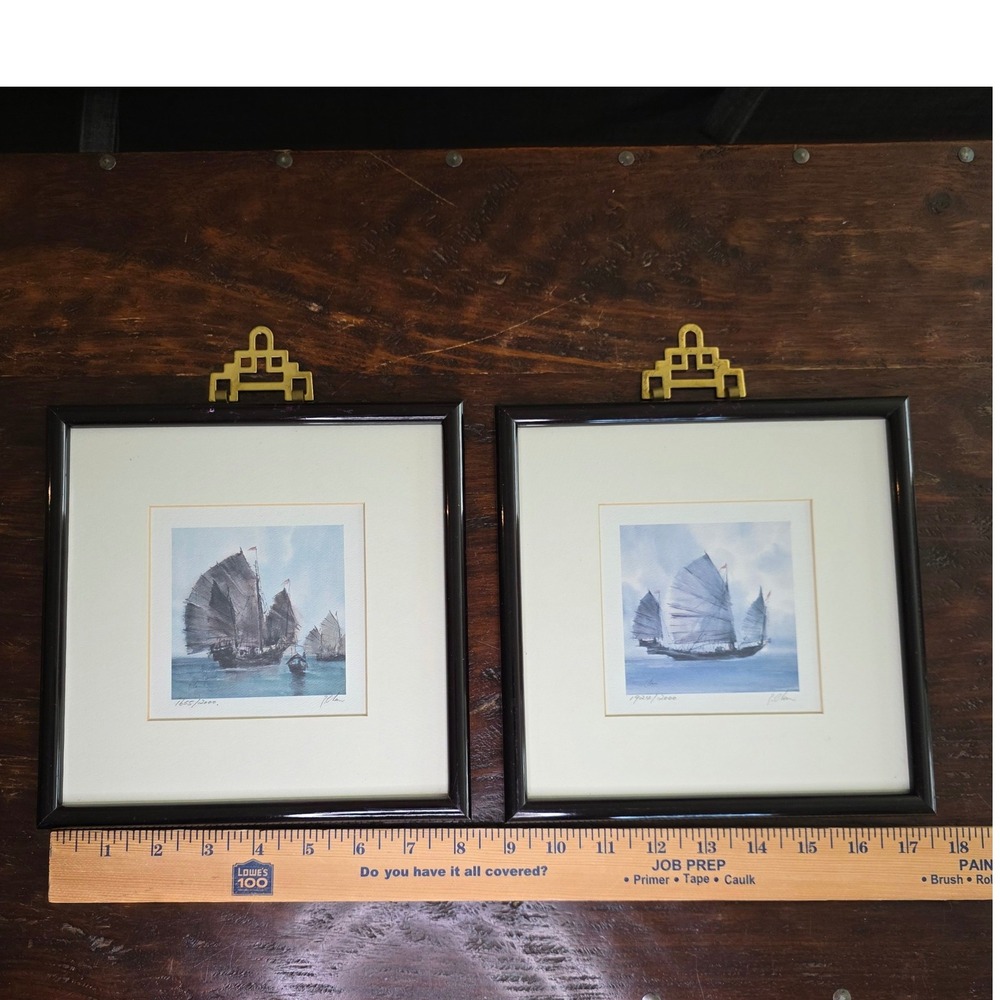 P Chan Signed Limited Edition Chinese Junk Ship Prints Pair Framed Nautical Art - Picture 4 of 6